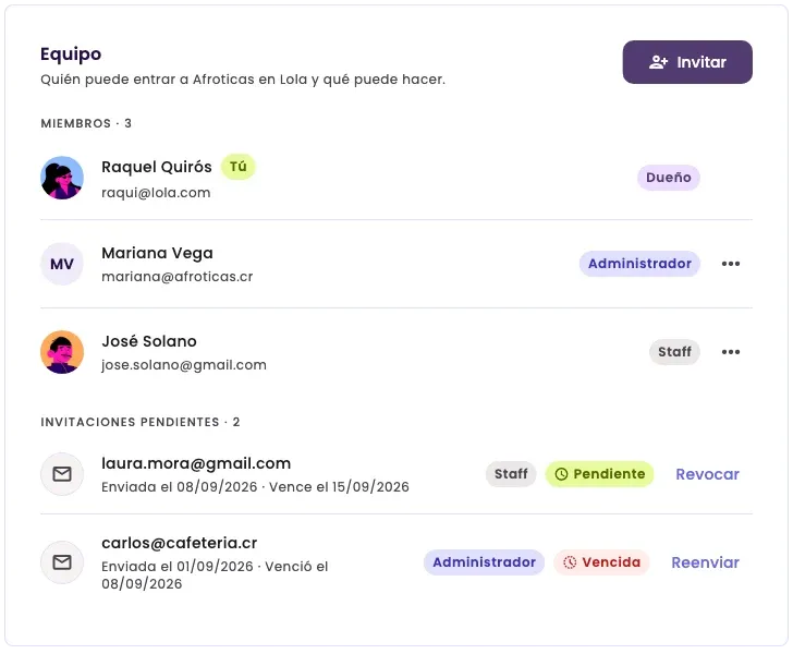 The Team section, with three members and two pending invites