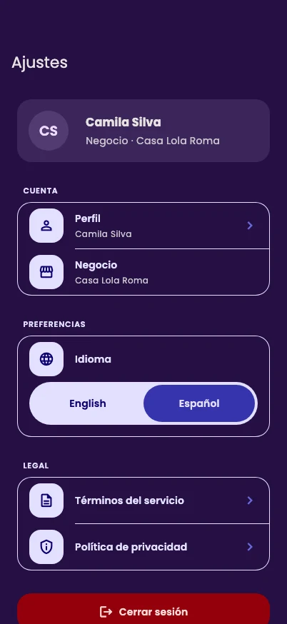 The Settings screen with the Account, Preferences and Legal sections