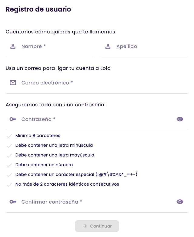 The User registration screen, with name, email, password and its rules
