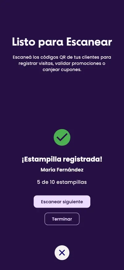 La confirmación ¡Estampilla registrada! con el nombre del cliente y 5 de 10 estampillas