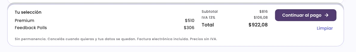 The Your selection bar with Premium and Feedback Polls, the total and Continue to payment