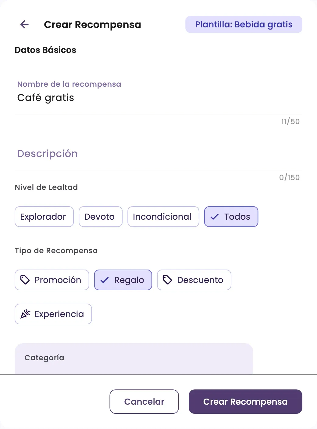 The Create Reward form opened from the Free drink template, with the name Café gratis