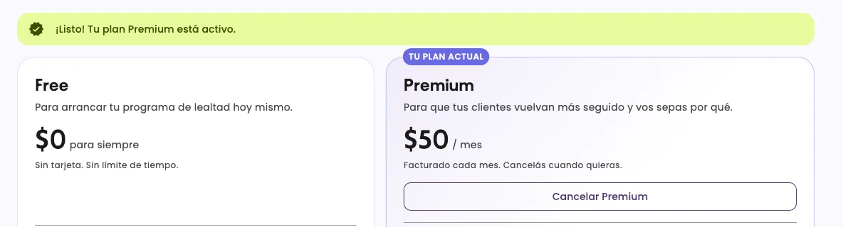 The Done! Your Premium plan is active notice, with Premium as the current plan